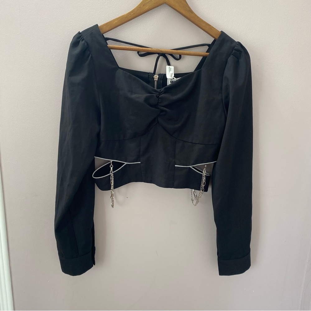 New Black Grunge Punk LongSleeve Cropped Blouse With Chain And Zipper Size Small